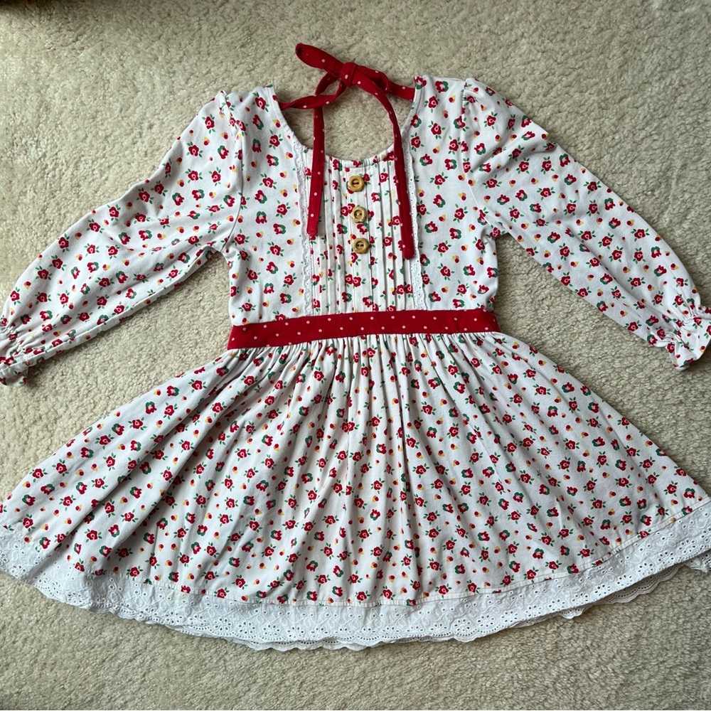 Wildflowers White Dress with Red Floral Print and white eyelet lace trim